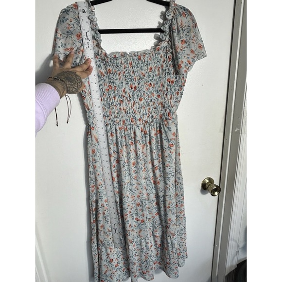 Luxology Floral Mesh Midi Dress Large Smocked Bodice Flutter Sleeve Cottagecore - Picture 7 of 10